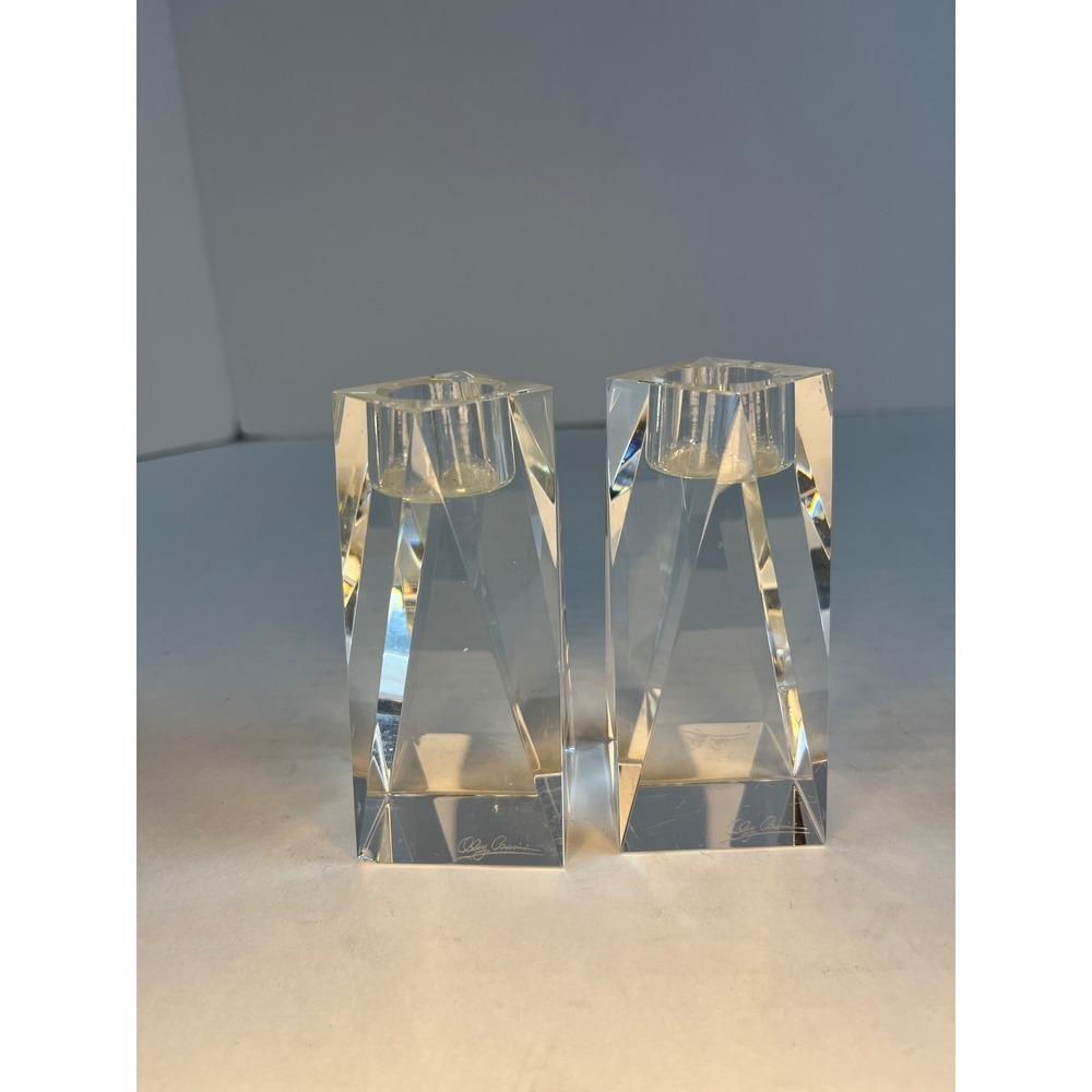 Oleg Cassini Crystal Taper Candle Holders Set of 2 Signed Geometric Faceted 4.5"